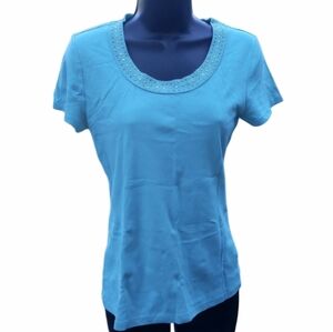 STYLE & CO. Short Sleeve Shirt Aqua Blue Turquoise Cotton Rivets Womens Size S